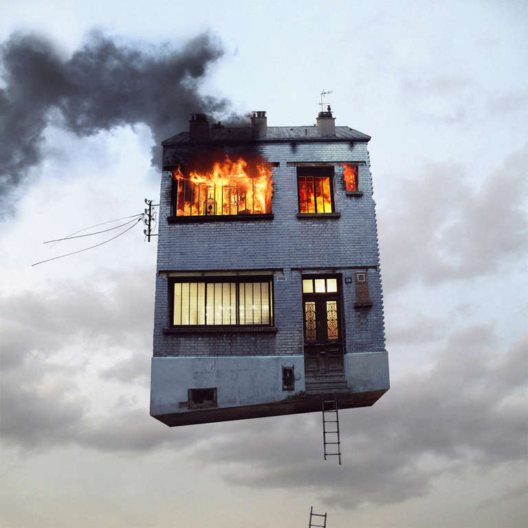 Laurent Chéhere, a French photographer born in 1972 in Paris, makes images of flying houses and other dwellings that are informed by his wanderings in the hidden neighborhoods of Paris and by his love of cinematic history.  Most of his photographs