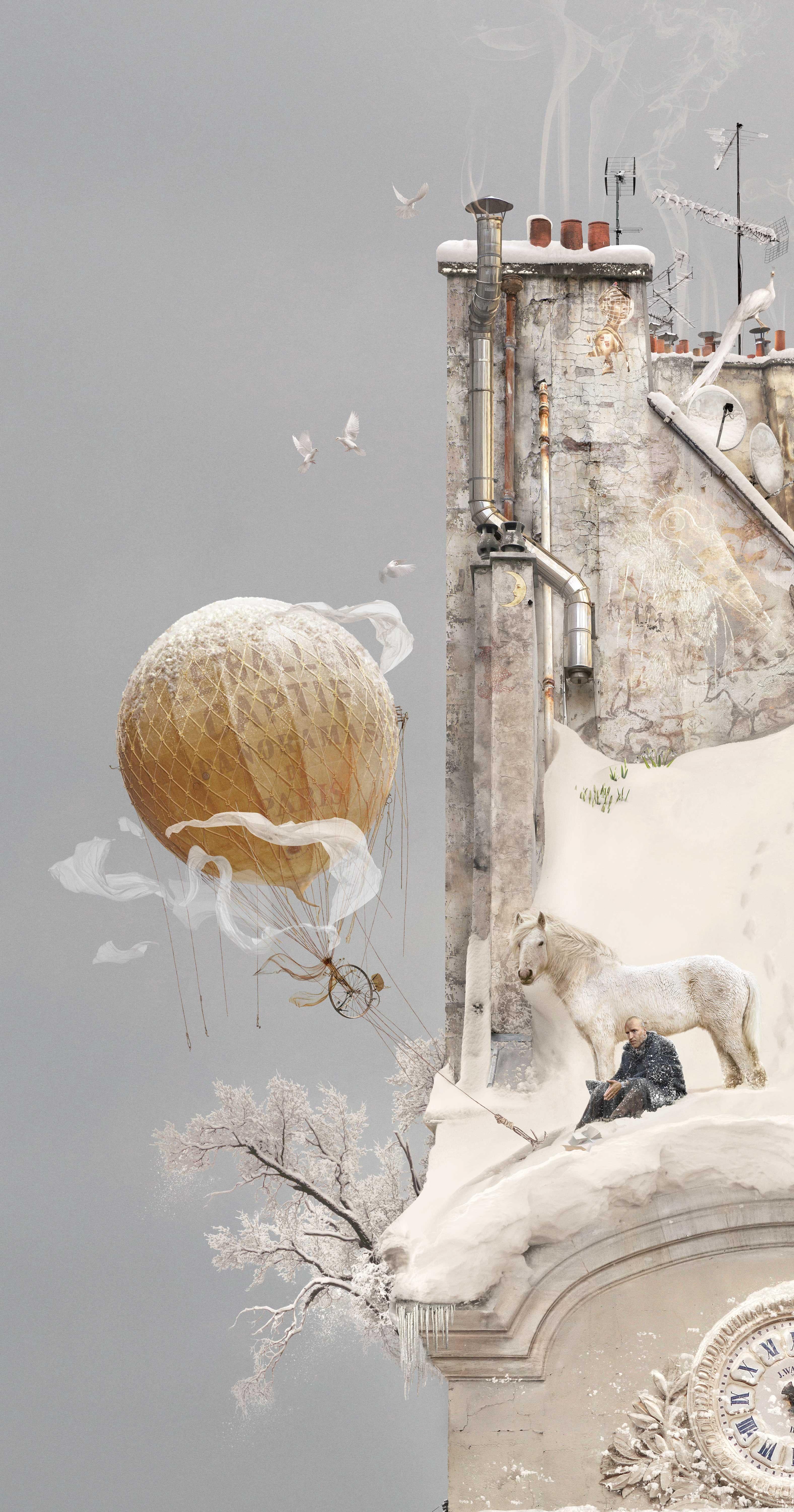 Solstice - Photo numérique contemporaine fantaisiste en couleur blanche d'une maison volante - Gris Color Photograph par Laurent Chéhère