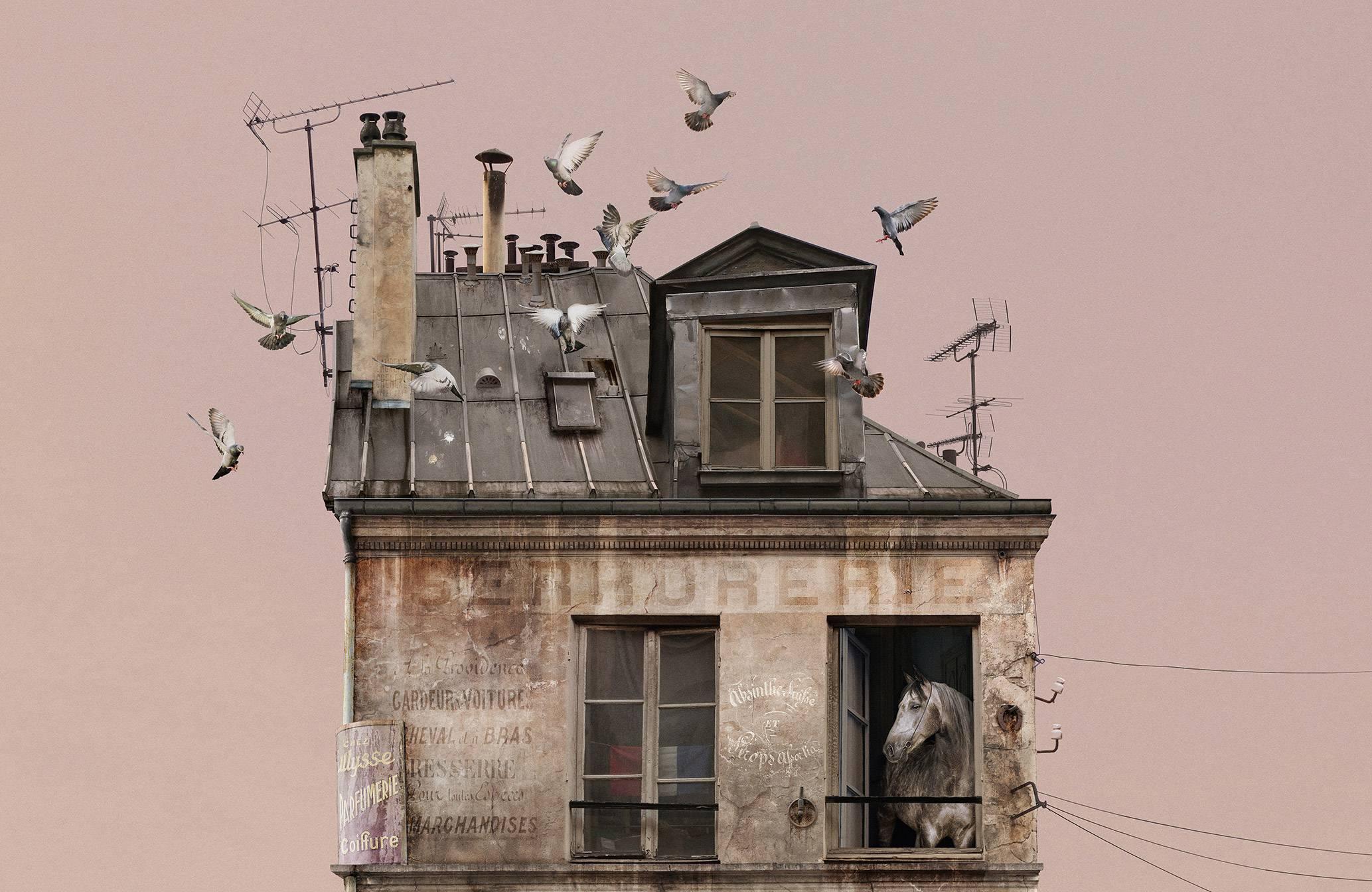 Big Day- Contemporary whimsical digital color photo of a Parisian flying house - Photograph by Laurent Chéhère