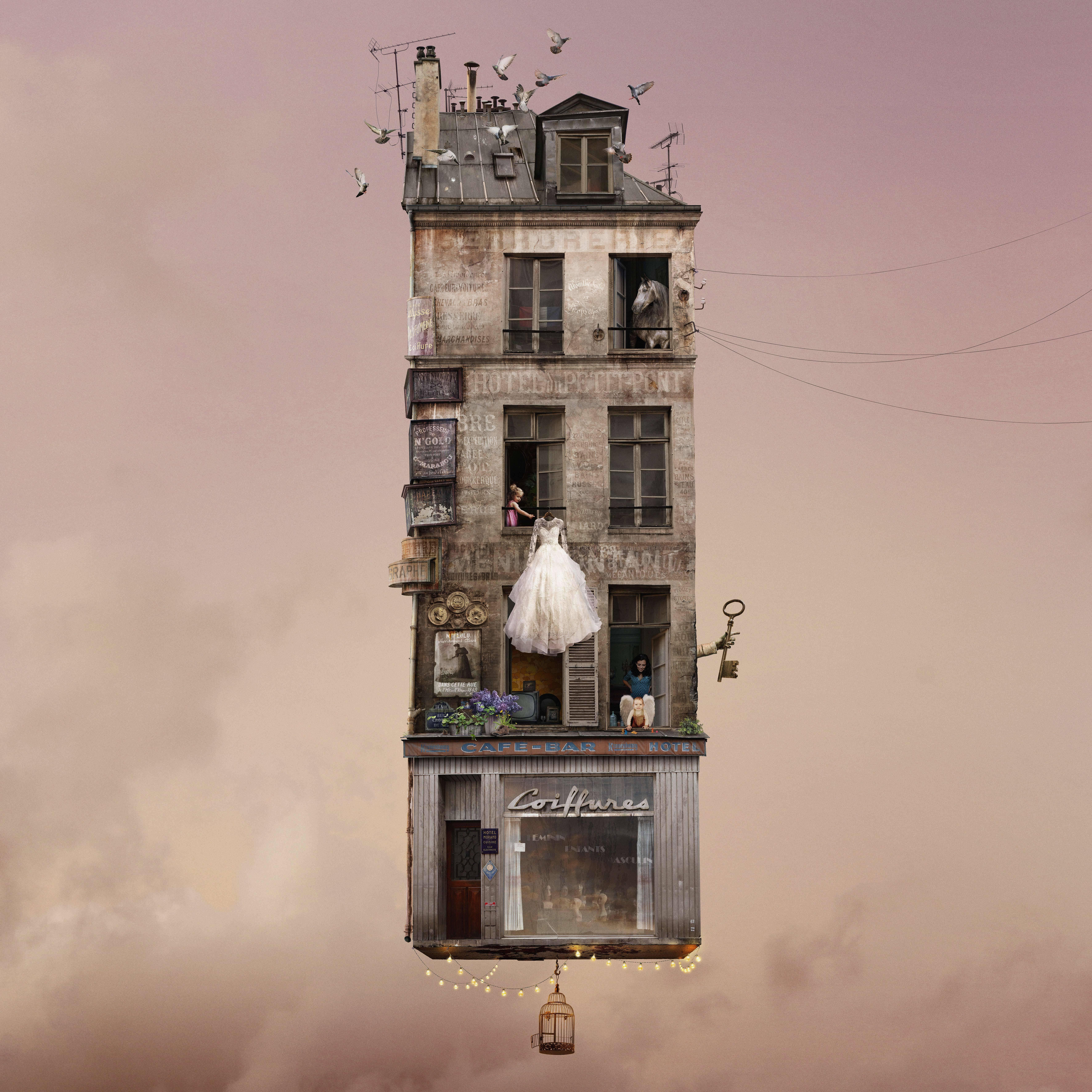 Big Day- Contemporary whimsical digital color photo of a Parisian flying house