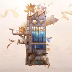 Vertigo - Contemporary whimsical digital photo montage of a flying house 