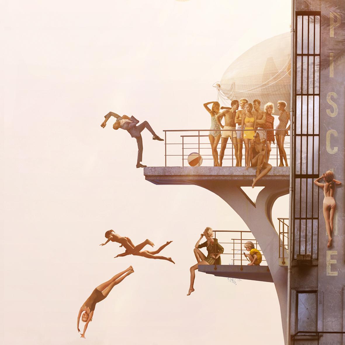 Vertigo - digital manipulierte Fotografie eines skurrilen fliegenden Swimmingpools im Angebot 6