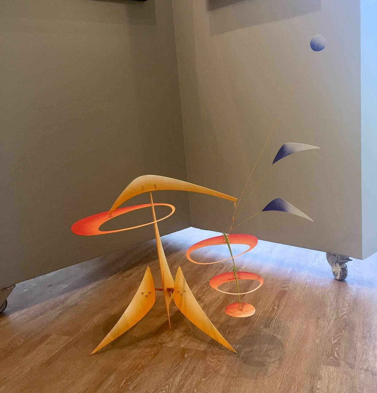 Vivid lightweight steel and aluminum table top sculpture / stabile-mobile. The work comes in two parts that fit together - tongue in groove and balances perfectly. Moves with the slightest breeze or gentle touch. Artist signed in the steel on both