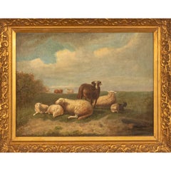 19thC Belgian Realist Pastoral Oil Canvas Landscape Painting Ram Sheep & Goat