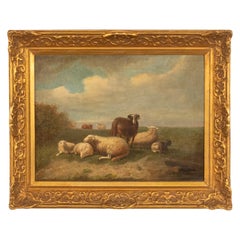 19thC Belgian Realist Pastoral Oil Canvas Landscape Painting Ram Sheep & Goat