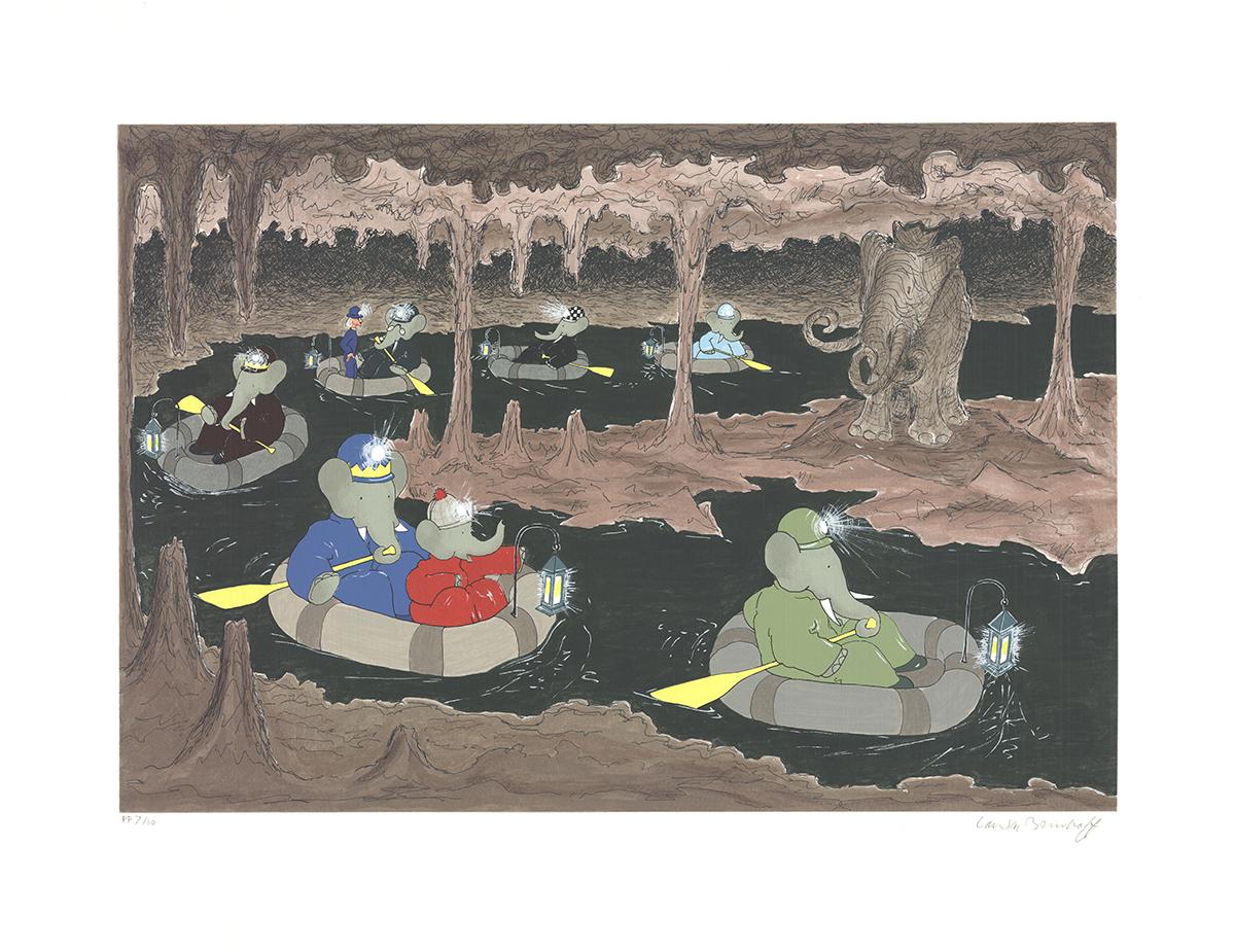 Laurent de Brunhoff-Babar in the Cave of the Mamouth-22.75" x 29.5"-Serigraph - Print by Laurent De Brunhoff