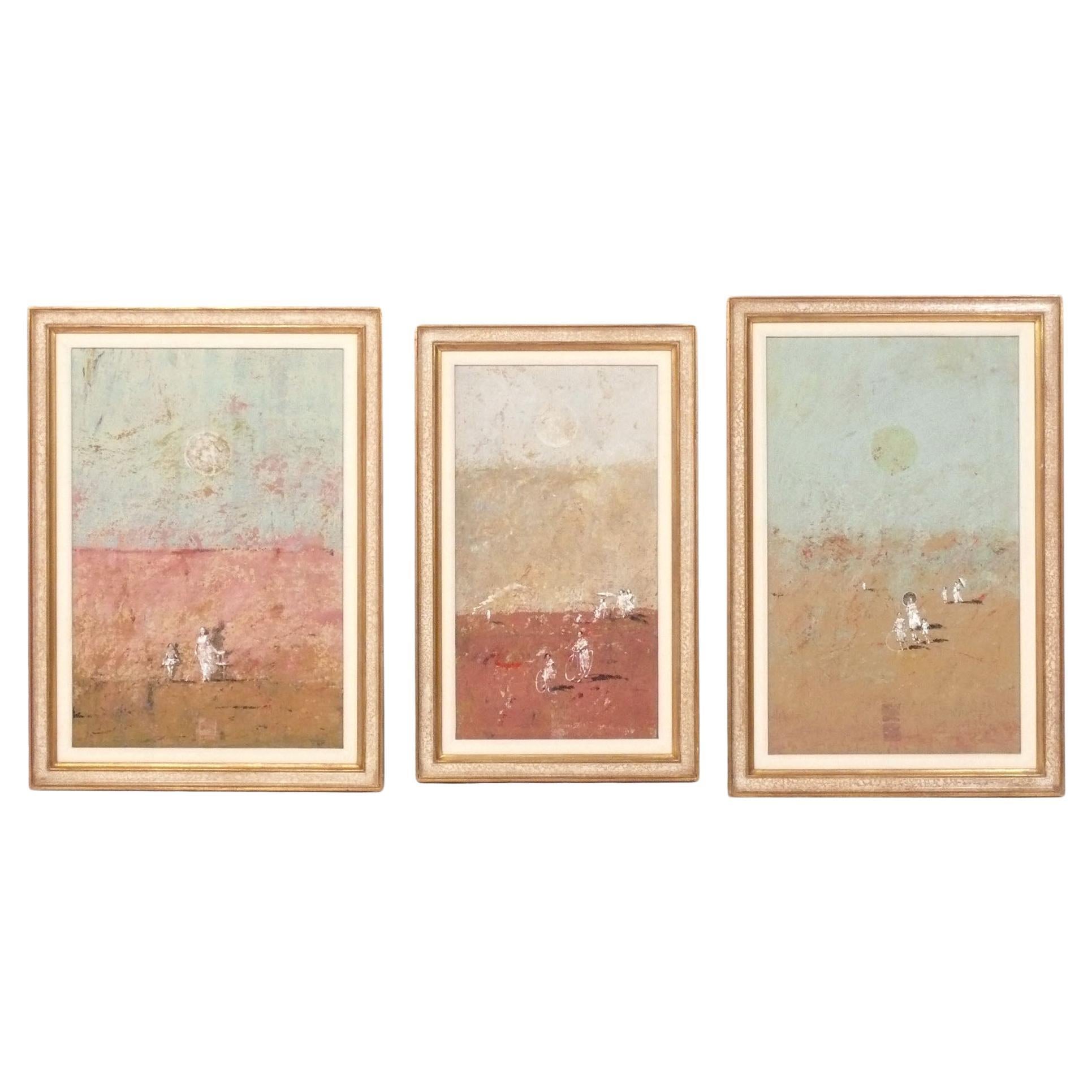 Laurent Hours Ensemble de 3 tableaux 22.5" x 16.5" Art abstrait français du milieu du siècle