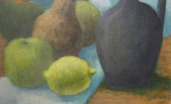 Flacon Vert, roses, jaunes et fruits