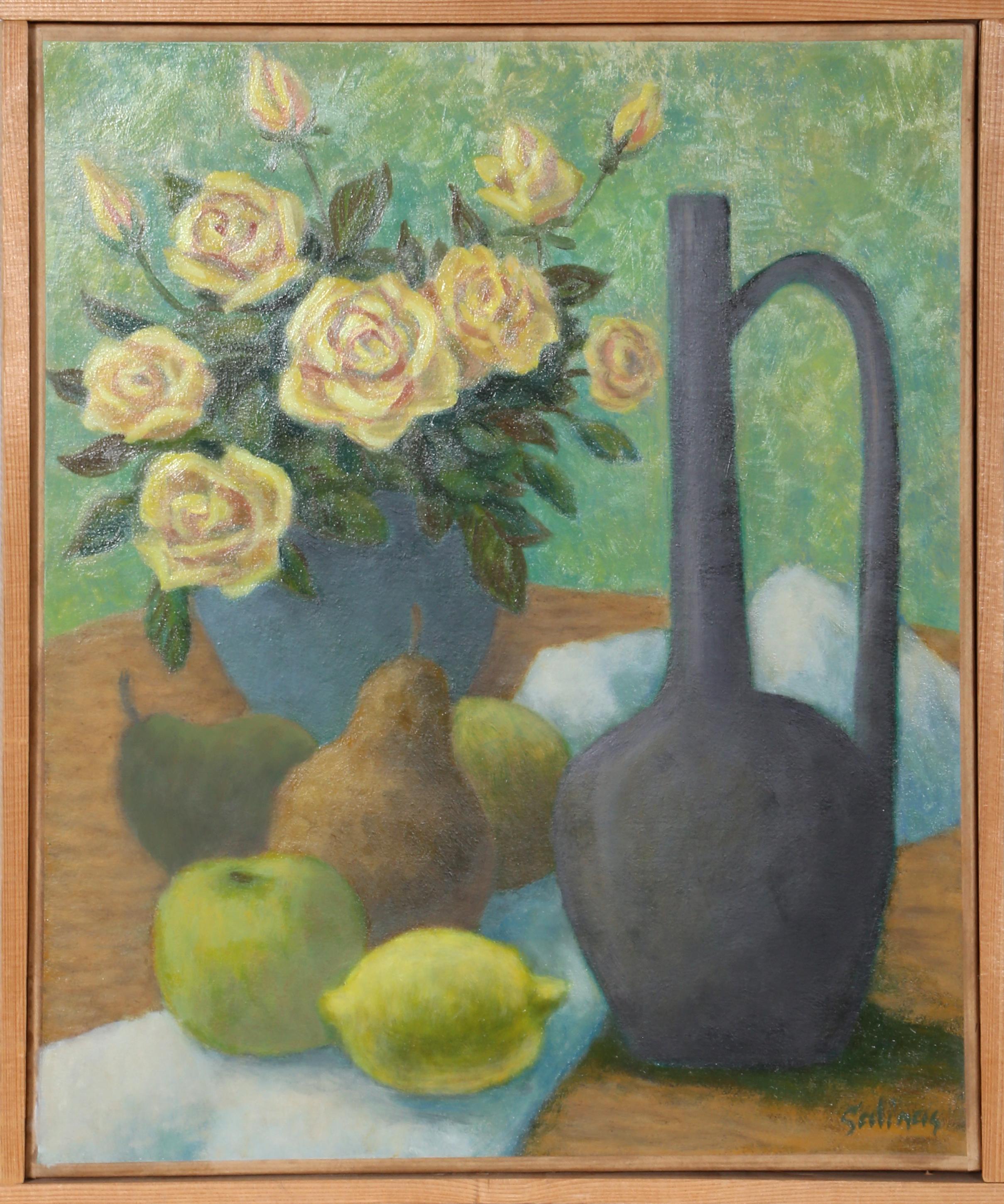 Laurent Marcel Salinas Still-Life Painting - Flacon Vert, Roses, Jaunes et Fruits