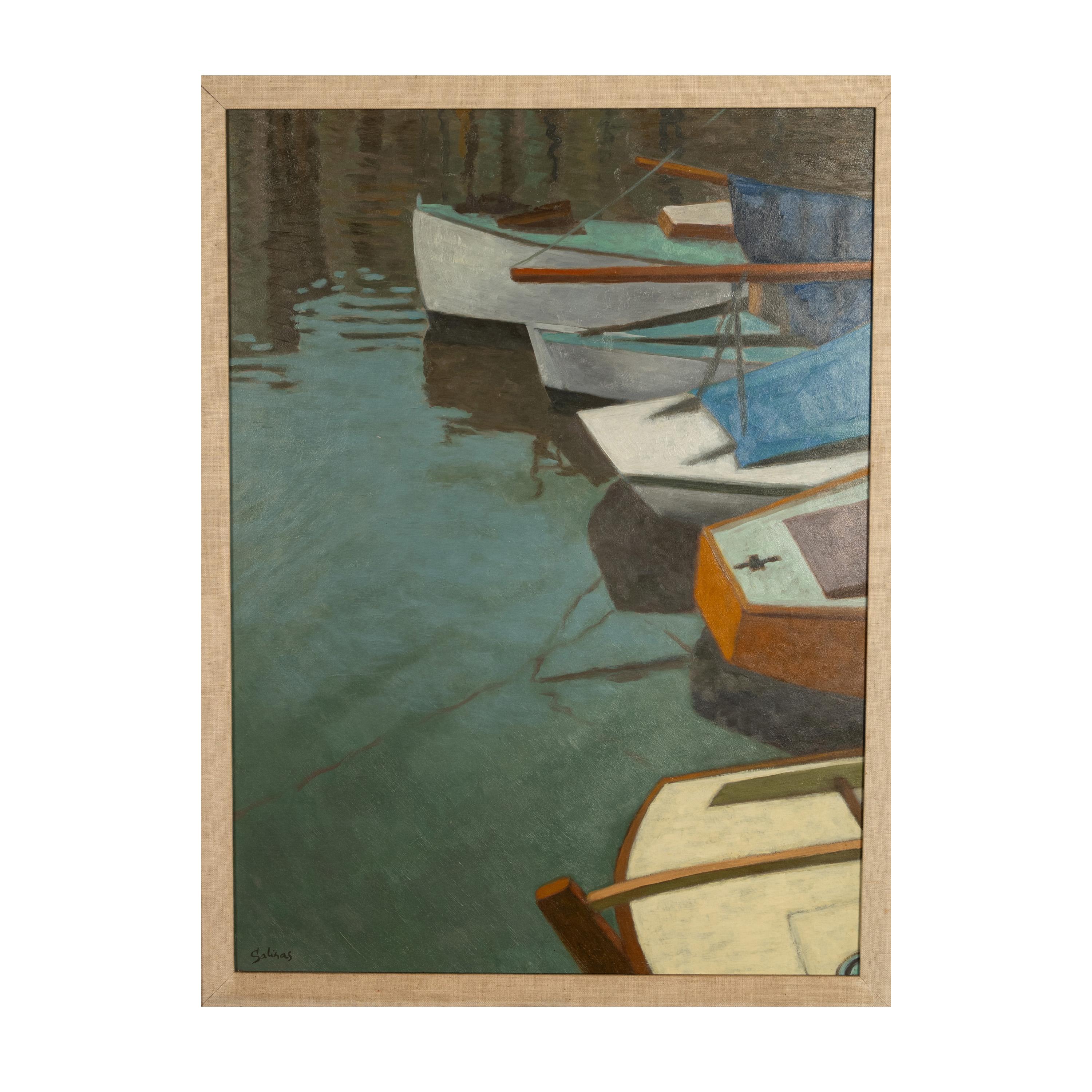 Olio su tela francese modernista Barche al porto Laurent Marcel Salinas Picasso 1975 in vendita 1
