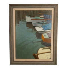 Óleo sobre lienzo francés modernista Barcos en el muelle Laurent Marcel Salinas Picasso 1975