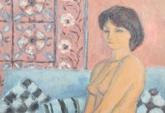 Nude Seated on Blue Couch, Modern Oil Painting by Laurent Marcel Salinas