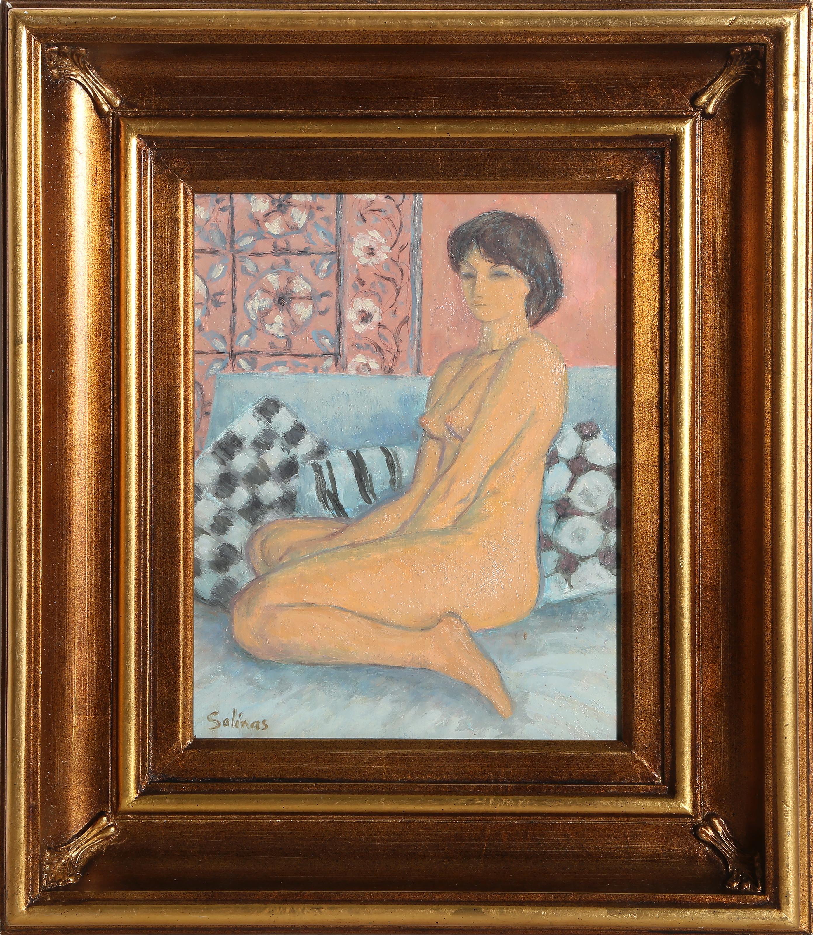 Nackt auf blauer Couch sitzend
Laurent Marcel Salinas, (1913-2010)
Erstellungsdatum: 1986
Öl auf Leinwand, signiert unten links
Größe: 10 x 8 Zoll (25,4 x 20,32 cm)
Rahmengröße: 16,25 x 14,25 Zoll