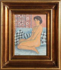 Used Nude Seated on Blue Couch, Oil Painting by Laurent Marcel Salinas