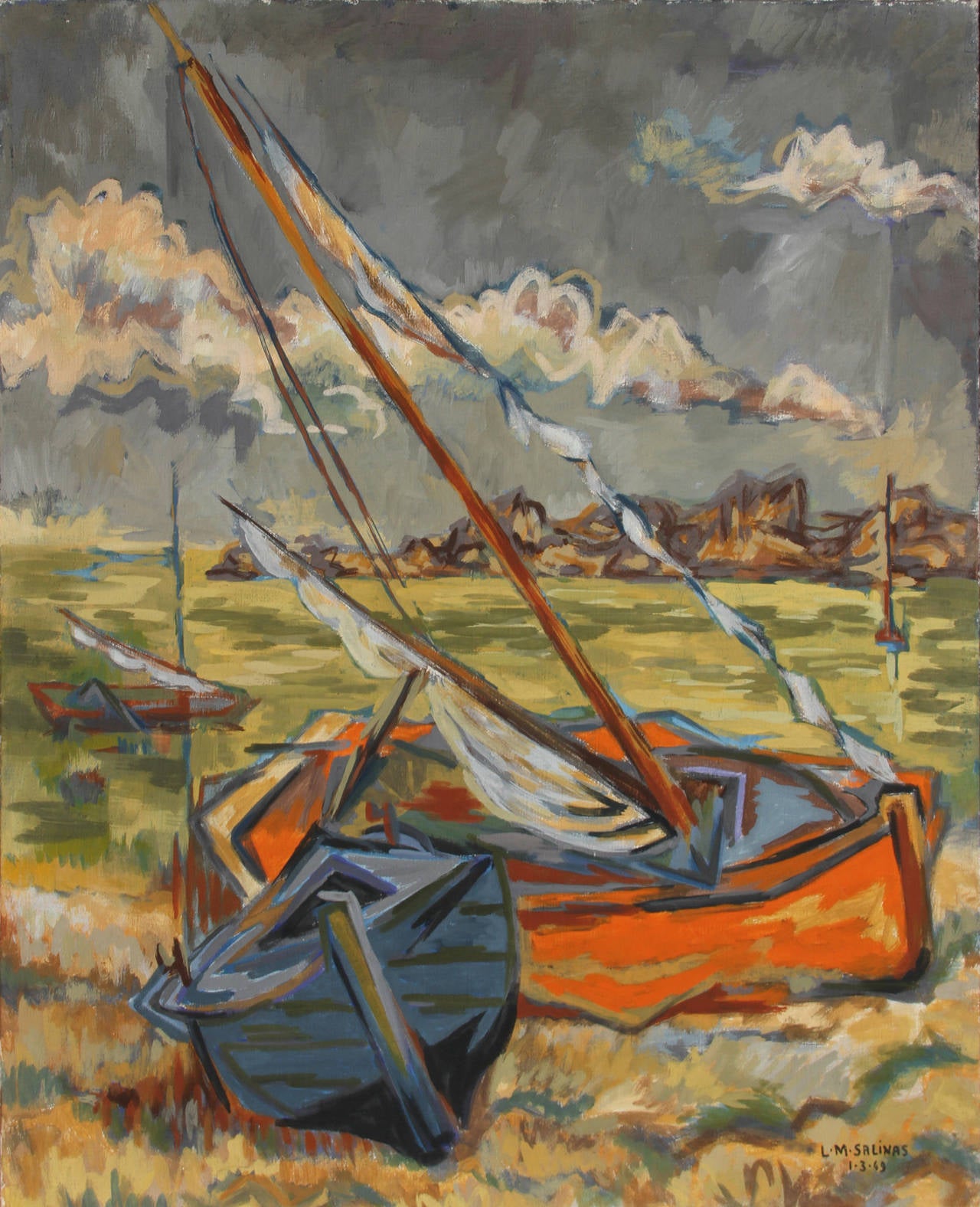 Laurent Marcel Salinas Landscape Painting - Sailboats on Shore