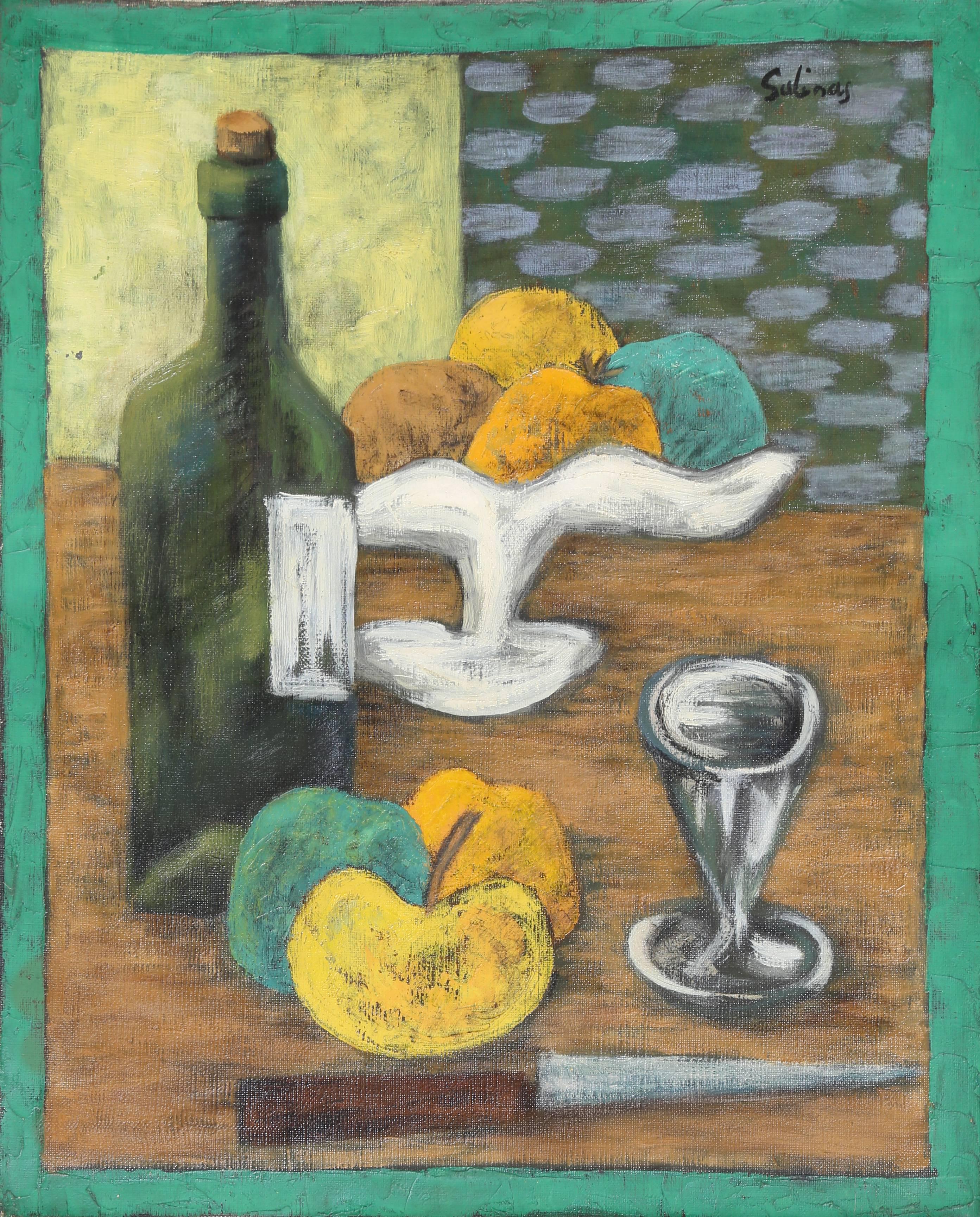 Laurent Marcel Salinas Still-Life Painting - Vin et Pommes, Oil Painting by Laurent Salinas circa 1952