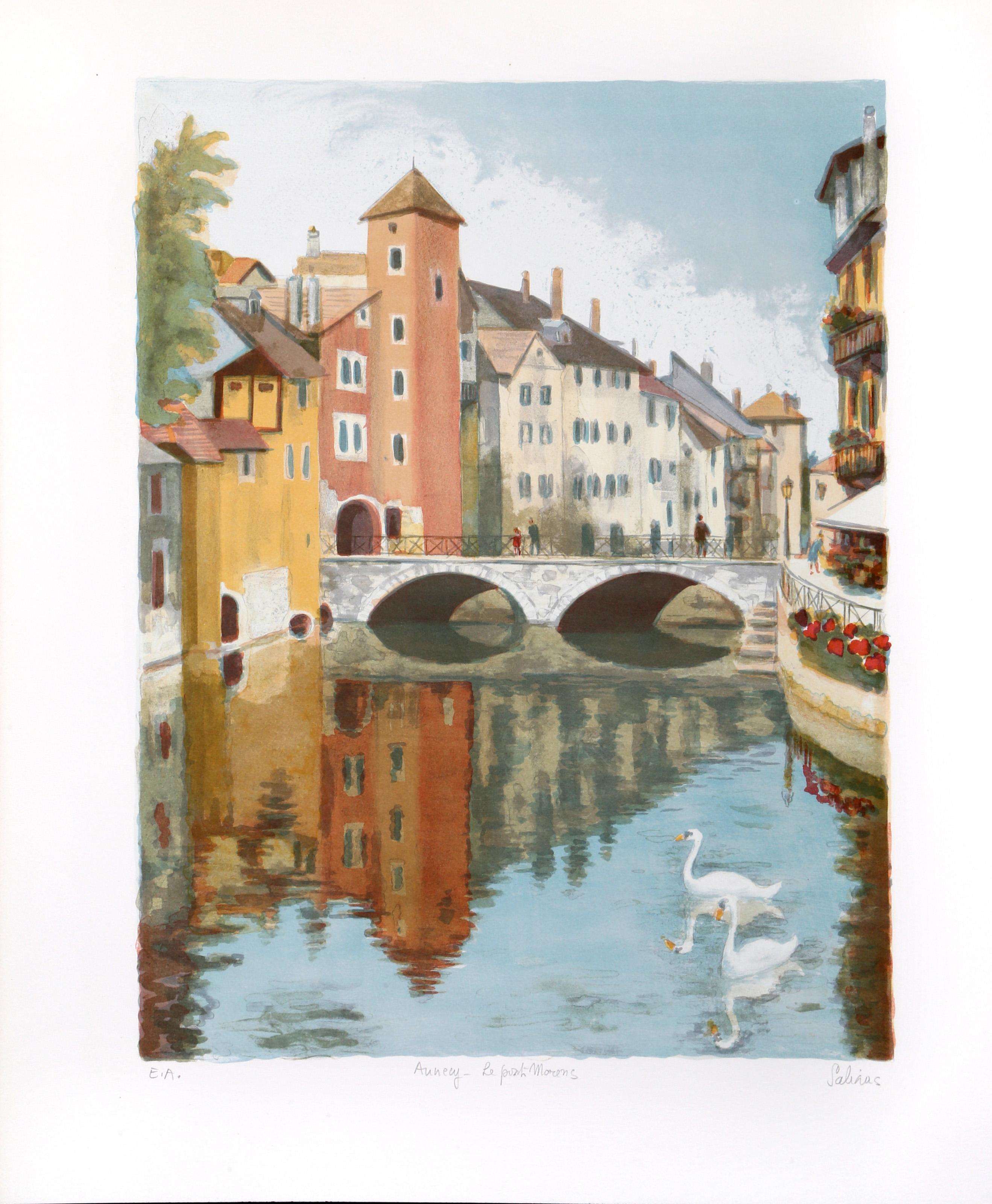 Laurent Marcel Salinas, Egyptian/French (1913 - 2010) -  Annecy - Le Pont Morens. Year: circa 1980, Medium: Lithograph, signed in pencil, Edition: EA, Image Size: 18 x 13.5 inches, Size: 22  x 18.5 in. (55.88  x 46.99 cm) 