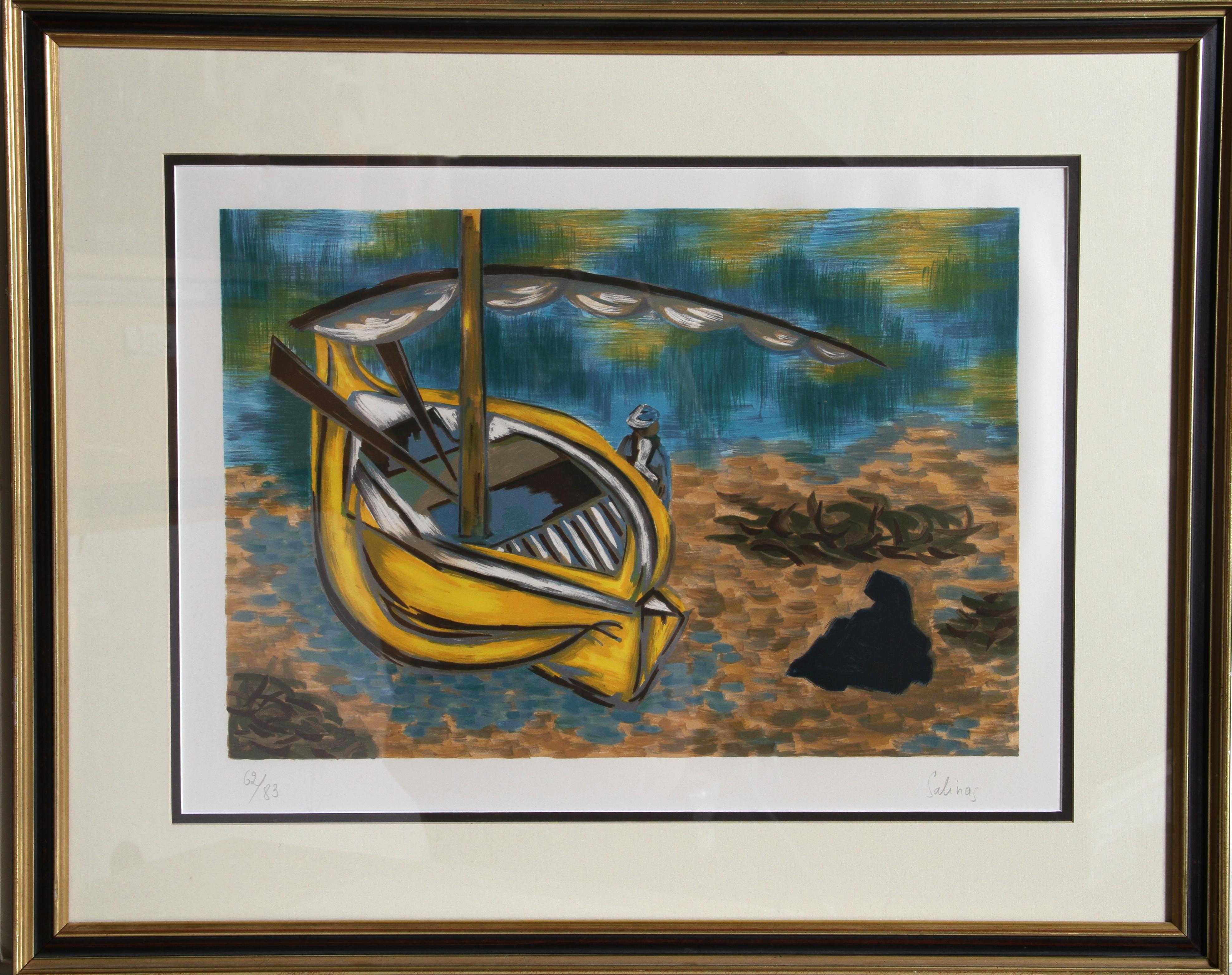 Laurent Marcel Salinas, Egyptian/French (1913 - 2010) -  Bateau. Medium: Lithograph, signed and numbered in pencil, Edition: 62/83, Image Size: 16 x 21 inches, Size: 19 x 25 in. (48.26 x 63.5 cm), Frame Size: 24  x 30 in. (60.96  x 76.2 cm) 