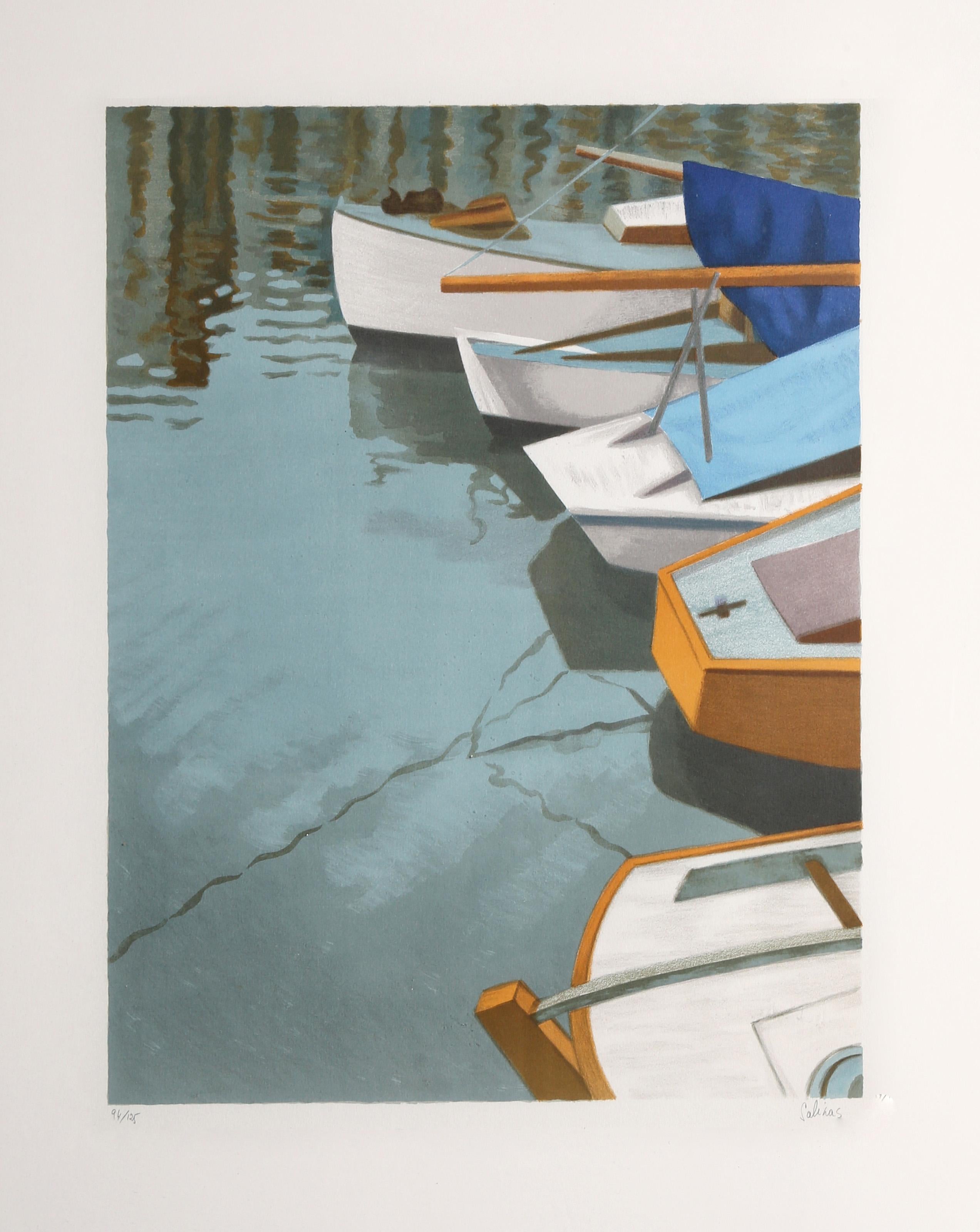 Laurent Marcel Salinas Landscape Print – Boote im Hafen, moderne Lithographie von Marcel Salinas