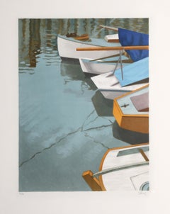 Barcos en el muelle, litografía moderna de Marcel Salinas