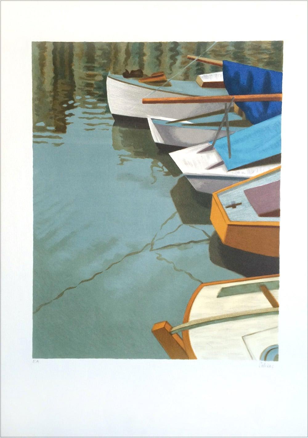 Laurent Marcel Salinas Landscape Print - BOATS AT HONFLEUR Normandy France, Signed Lithograph, Historic Port, Sailboats