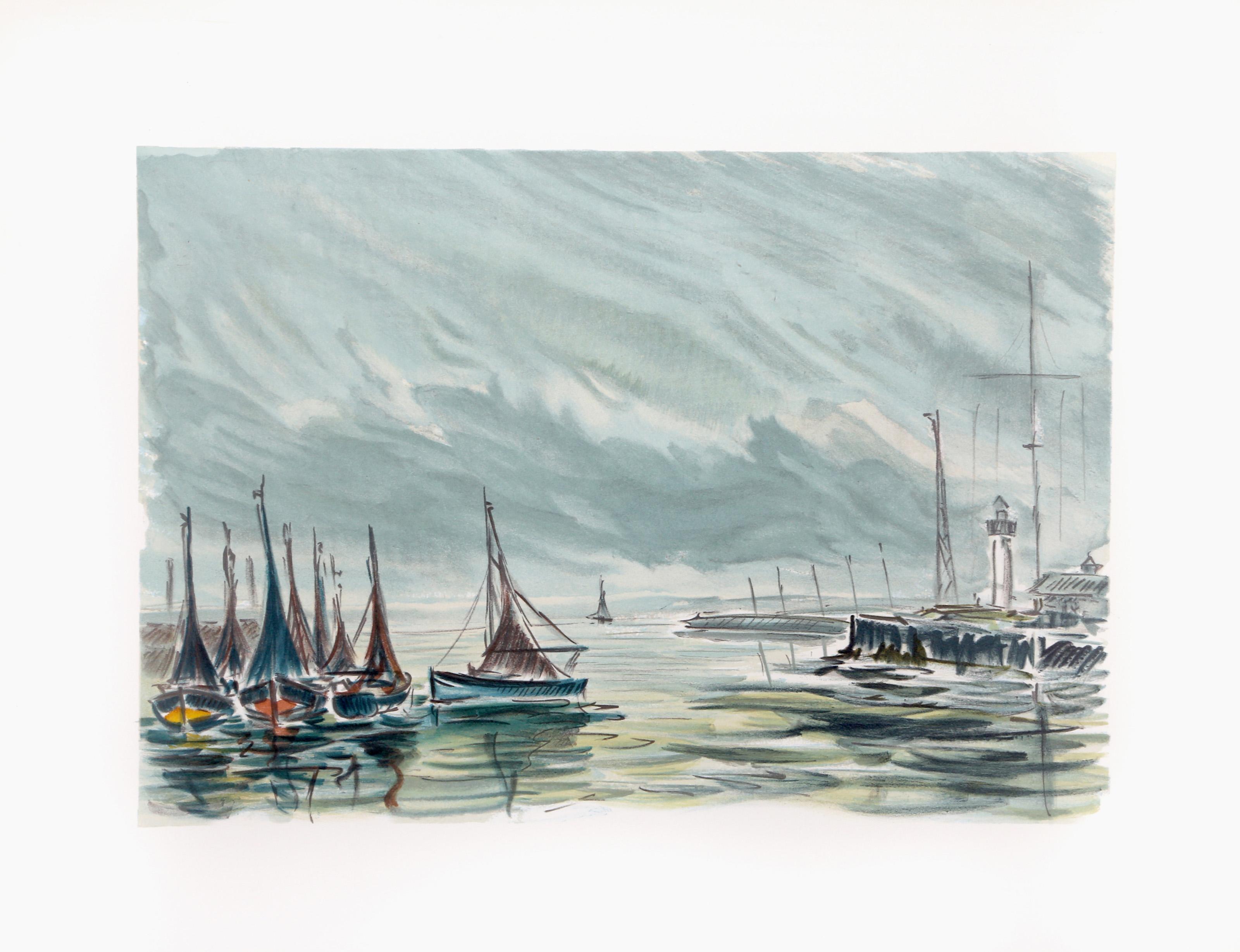 Laurent Marcel Salinas Landscape Print - Boats in Harbor with Lighthouse, Impressionist Lithograph by Marcel Salinas