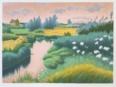 PAISAJE BRITÁNICO Litografía dibujada a mano, Escena acuática de estilo impresionista