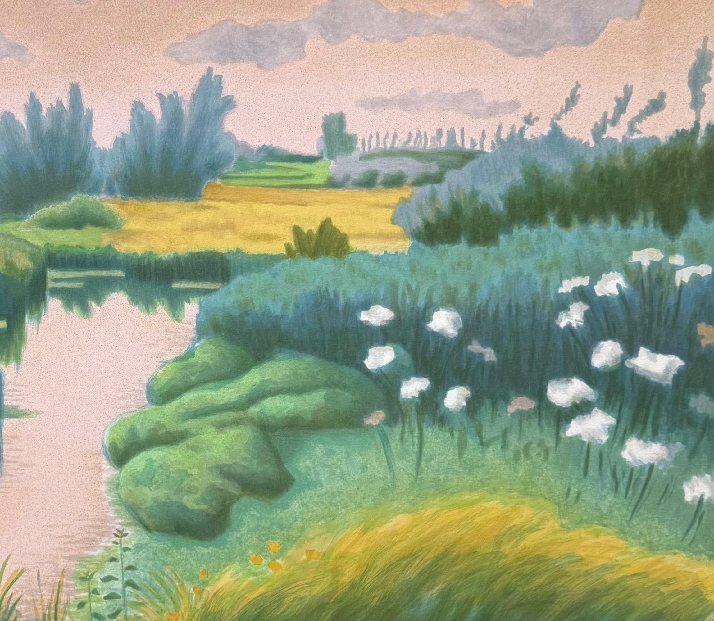 BRITTANY LANDSCAPE Hand Drawn Lithograph, Impressionist Style Waterway Scene - Gray Landscape Print by Laurent Marcel Salinas