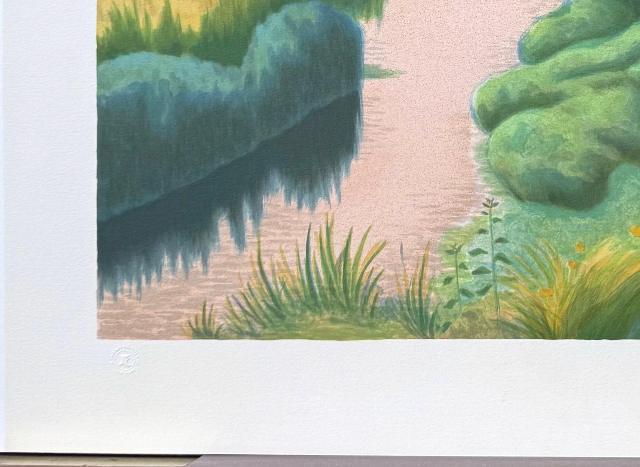 BRITTANY LANDSCAPE Hand Drawn Lithograph, Impressionist Style Waterway Scene For Sale 2