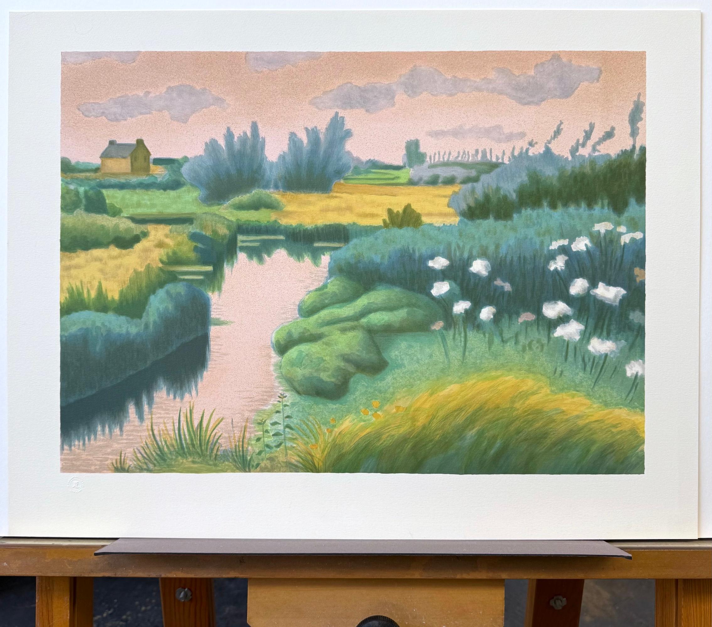 BRITTANY LANDSCAPE Hand Drawn Lithograph, Impressionist Style Waterway Scene For Sale 3