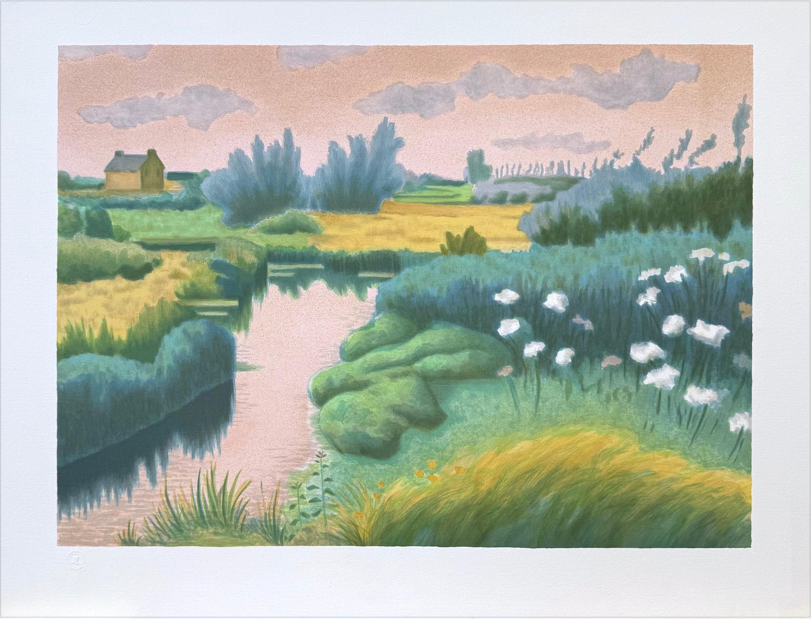 Laurent Marcel Salinas Landscape Print - BRITTANY LANDSCAPE Hand Drawn Lithograph, Impressionist Style Waterway Scene