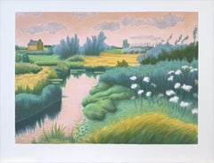 BRITTANY LANDSCAPE Hand Drawn Lithograph, Impressionist Style Waterway Scene
