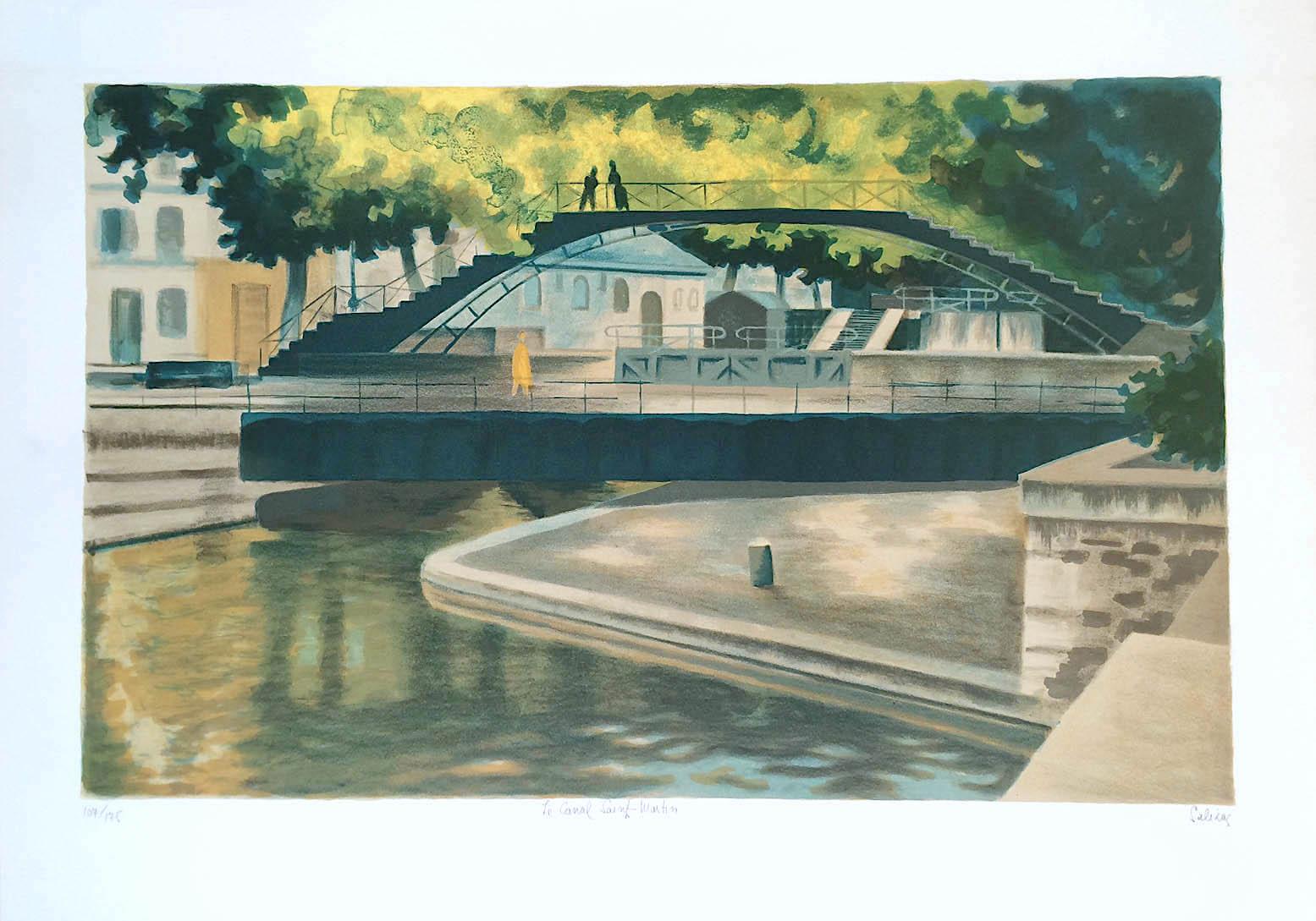 CANAL SAINT-MARTIN, Hand Drawn Lithograph, French Landscape Historic Paris Canal - Print by Laurent Marcel Salinas