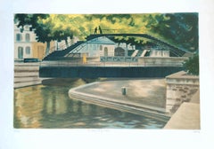 CANAL SAINT-MARTIN:: handgezeichnete Lithographie:: Französische Landschaft:: historischer Pariser Canal
