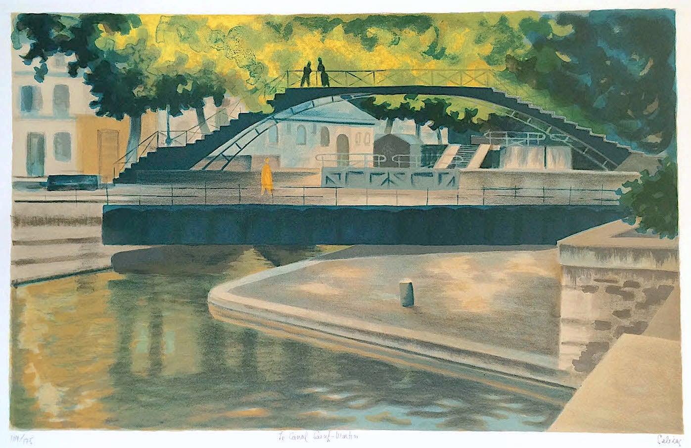 Laurent Marcel Salinas Print - CANAL SAINT-MARTIN, Hand Drawn Lithograph, French Landscape Historic Paris Canal