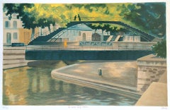 CANAL SAINT-MARTIN, Hand Drawn Lithograph, French Landscape Historic Paris Canal