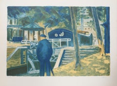 Figure with Umbrella by Canal, Lithograph by Laurent Marcel Salinas
