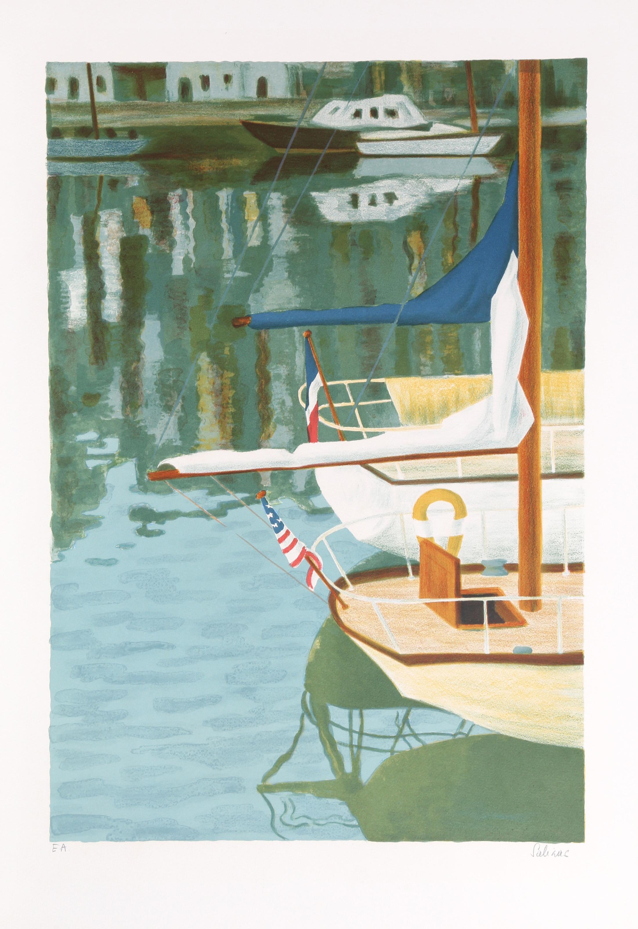 Laurent Marcel Salinas, Egyptian/French (1913 - 2010) -  French and US Sailboats. Year: circa 1980, Medium: Lithograph, signed in pencil, Edition: EA, Image Size: 24 x 16 inches, Size: 30 x 22 in. (76.2 x 55.88 cm) 