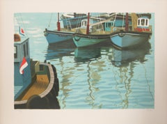 French Sailboats in Harbor, Impressionist Lithograph by Laurent Marcel Salinas