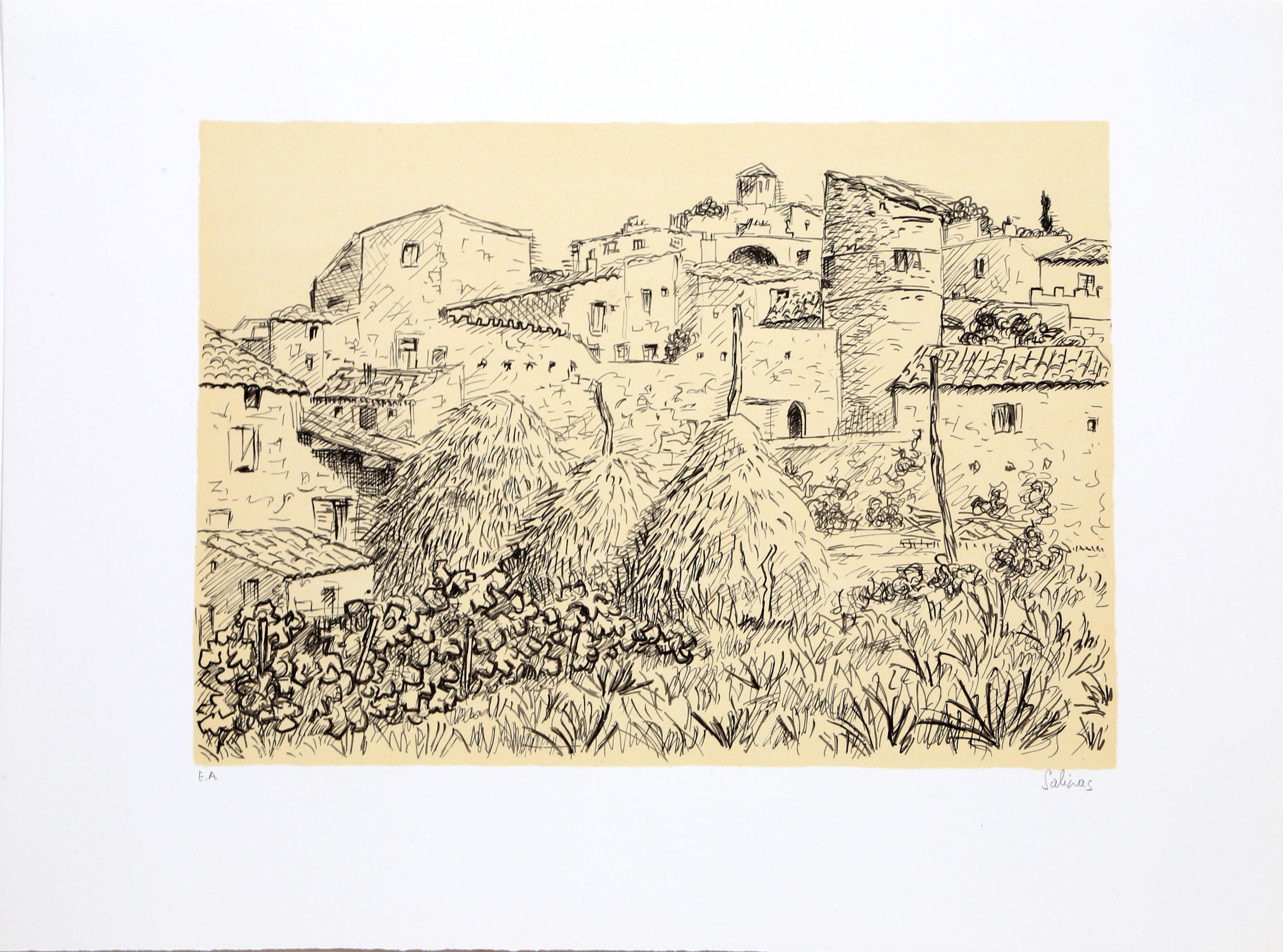 Laurent Marcel Salinas, Egyptian/French (1913 - 2010) -  French Villa. Year: Circa 1980, Medium: Lithograph, signed in pencil, Edition: EA, Image Size: 13 x 18 inches, Size: 19  x 25.5 in. (48.26  x 64.77 cm) 