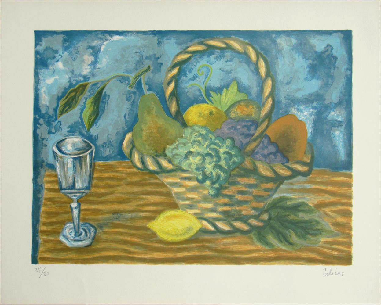 Laurent Marcel Salinas Still-Life Print – FRUIT BASKET Signierte Lithographie, Innenstillleben, Zitronengelb, Blau, Braun