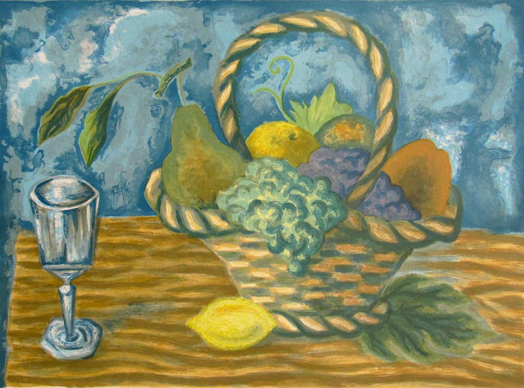 FRUIT BASKET Signed Lithograph, Interior Still Life, Lemon Yellow, Blue, Brown - Print by Laurent Marcel Salinas