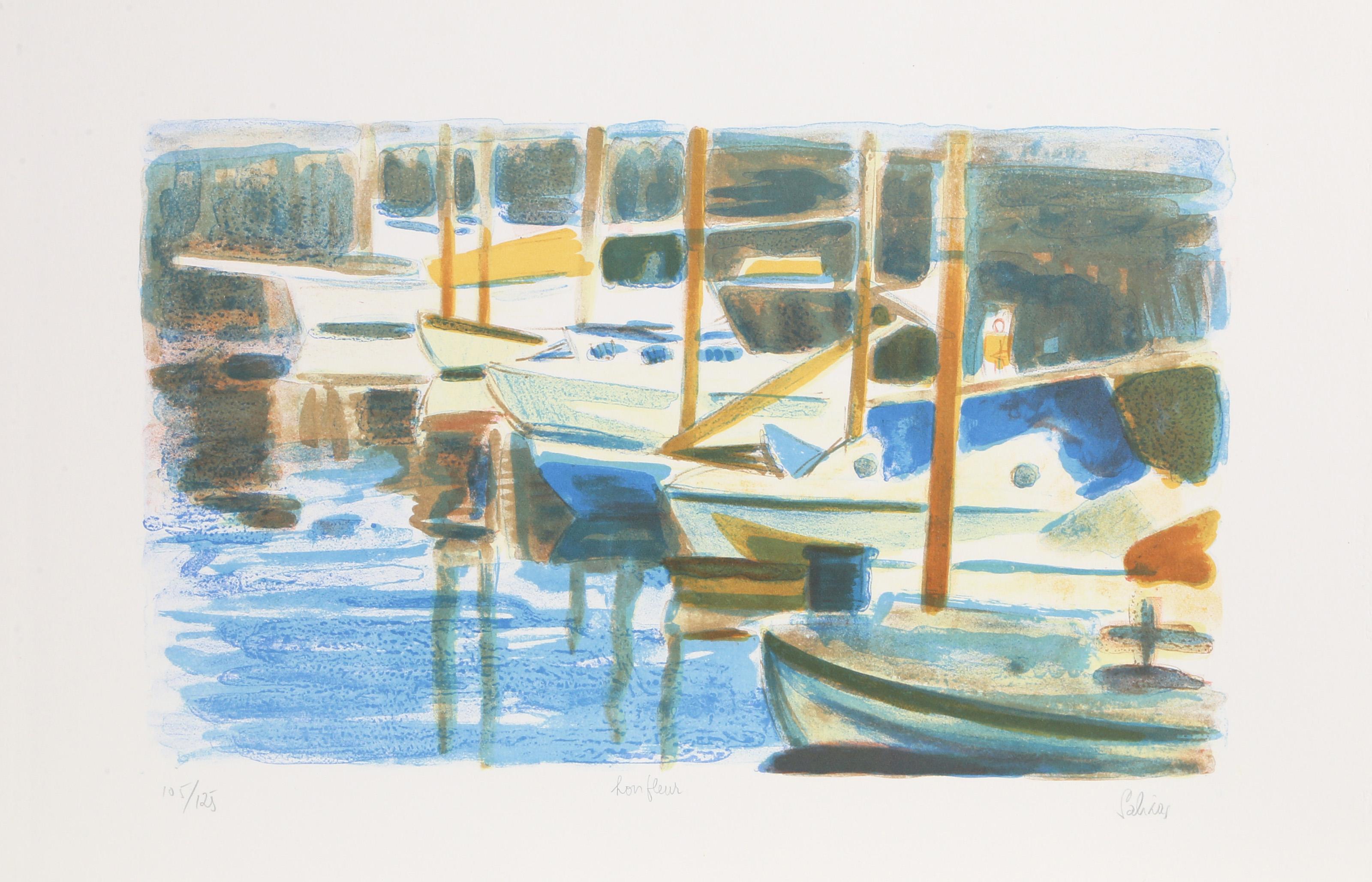 Laurent Marcel Salinas, Egyptian/French (1913 - 2010) -  Harbor Study 1. Year: circa 1950, Medium: Lithograph, signed and numbered in pencil, Edition: EA, Image Size: 13.5 x 19 inches, Size: 19 x 25 in. 