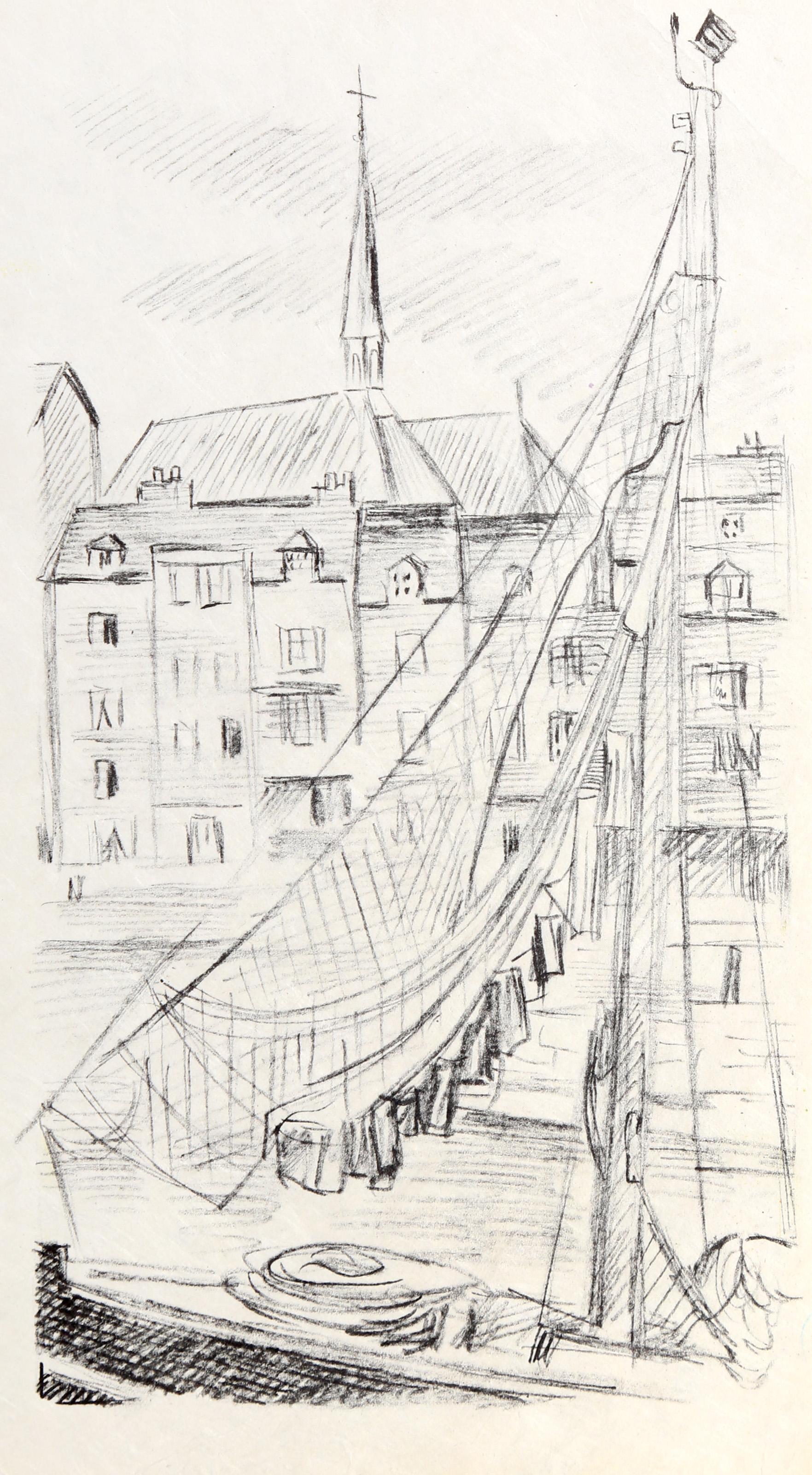 Laurent Marcel Salinas, Egyptian/French (1913 - 2010) -  Honfleur Harbor Sketch. Year: circa 1980, Medium: Lithograph, signed in pencil, Size: 8.5 x 4.5 in. (21.59 x 11.43 cm), Description: Laurent Marcel Salinas was a French artist, best known for