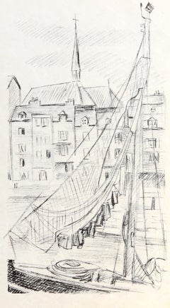 Vintage Honfleur Harbor Sketch, Lithograph by Laurent Marcel Salinas