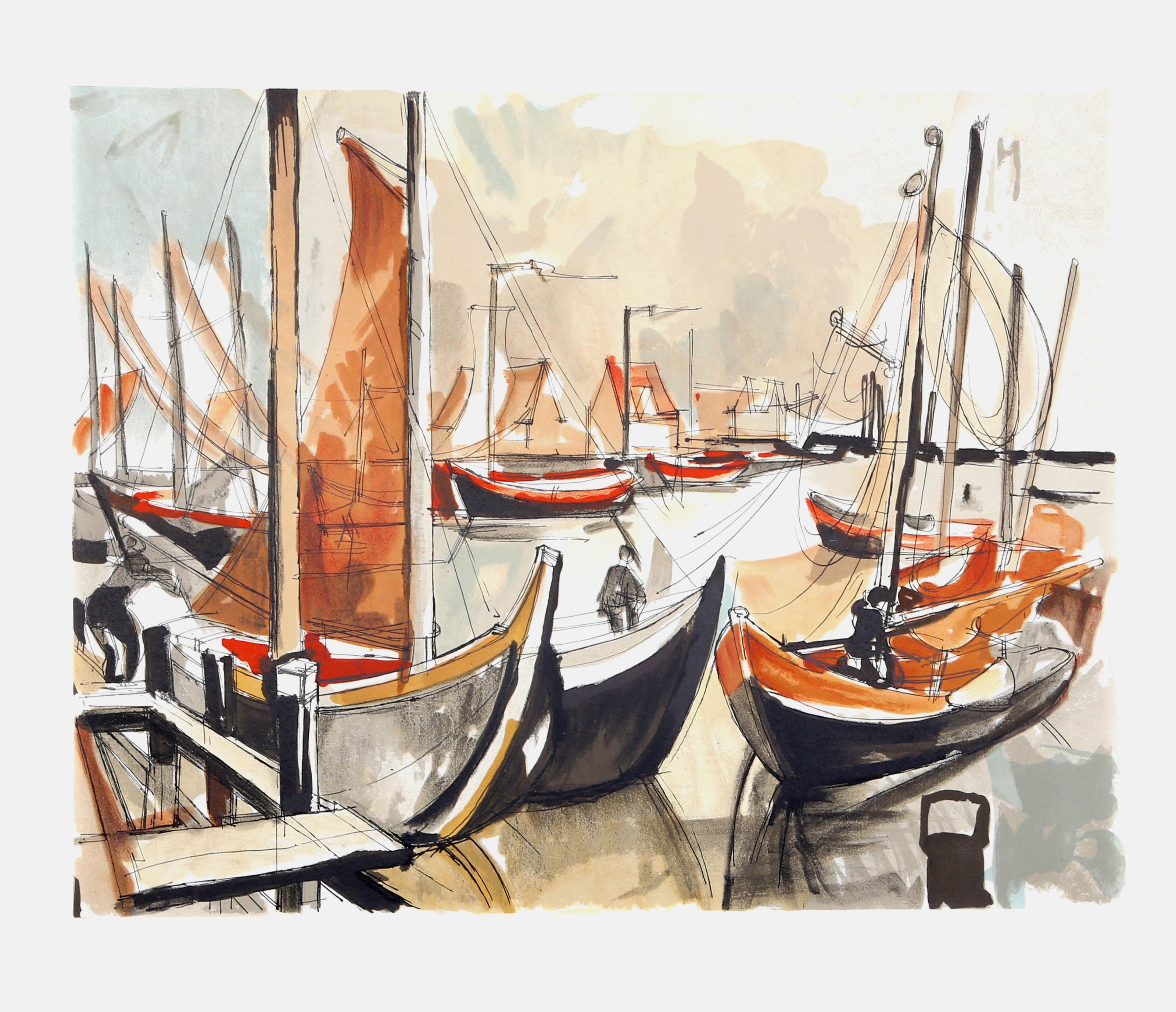 Laurent Marcel Salinas, Egyptian/French (1913 - 2010) -  Honfleur. Year: circa 1980, Medium: Lithograph, signed in pencil, Edition: EA, Size: 25.5  x 19.5 in. (64.77  x 49.53 cm) 