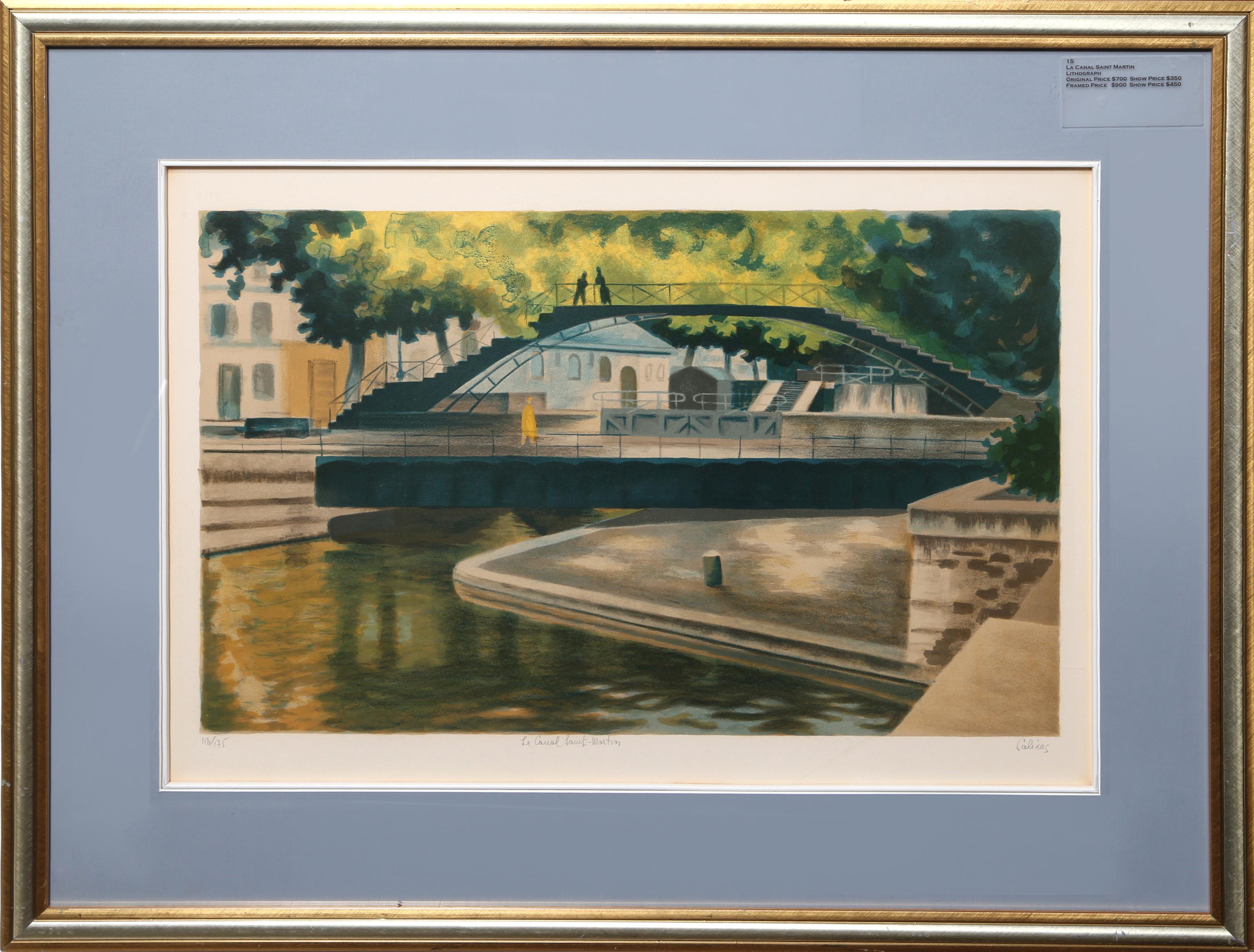 Laurent Marcel Salinas, Egyptian/French (1913 - 2010) -  La Canal Saint-Martin. Year: circa 1970, Medium: Lithograph, signed and numbered in pencil, Image Size: 15.5 x 25 inches, Size: 21 x 29 in. (53.34 x 73.66 cm), Frame Size: 28.5 x 36 inches 