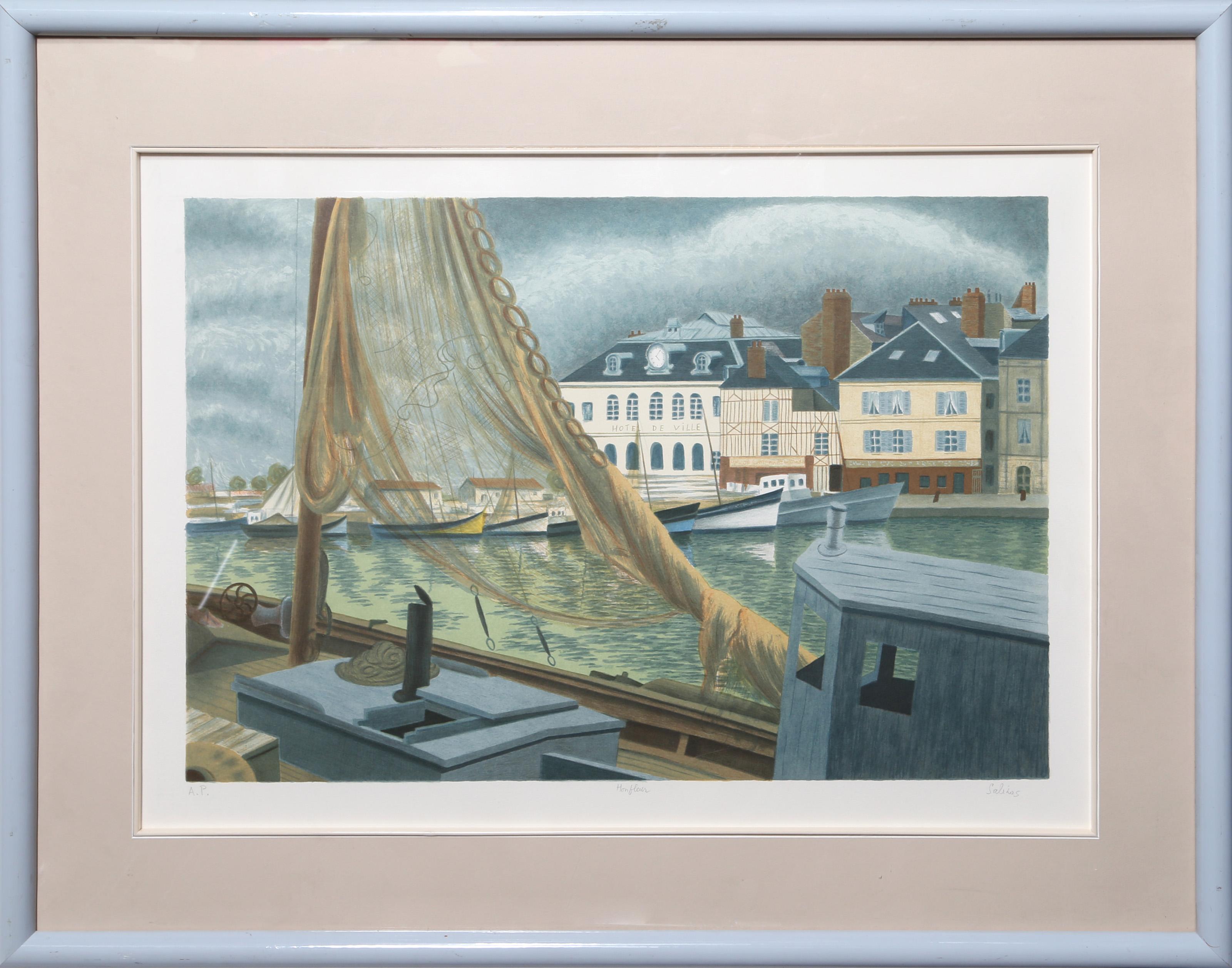 Laurent Marcel Salinas, Egyptian/French (1913 - 2010) -  Morning Light on Honfleur. Year: circa 1980, Medium: Lithograph, signed in pencil, Edition: AP, Image Size: 15.5 x 25 inches, Size: 21 x 29 in. (53.34 x 73.66 cm), Frame Size: 30.5 x 38 inches 