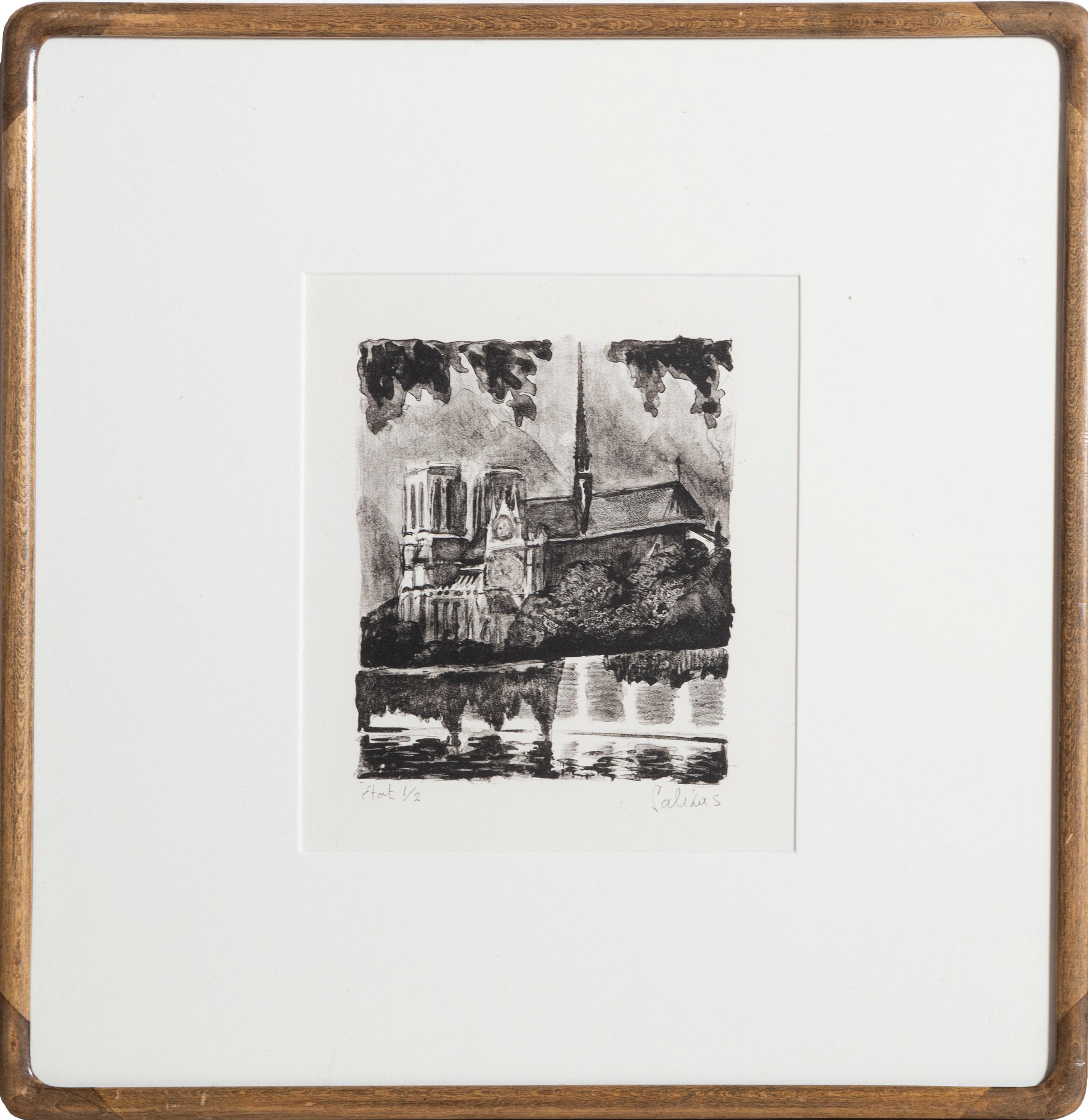 Laurent Marcel Salinas, Egyptian/French (1913 - 2010) -  Notre Dame. Year: circa 1960, Medium: Lithograph, signed in pencil, Frame Size: 16 x 16 inches 