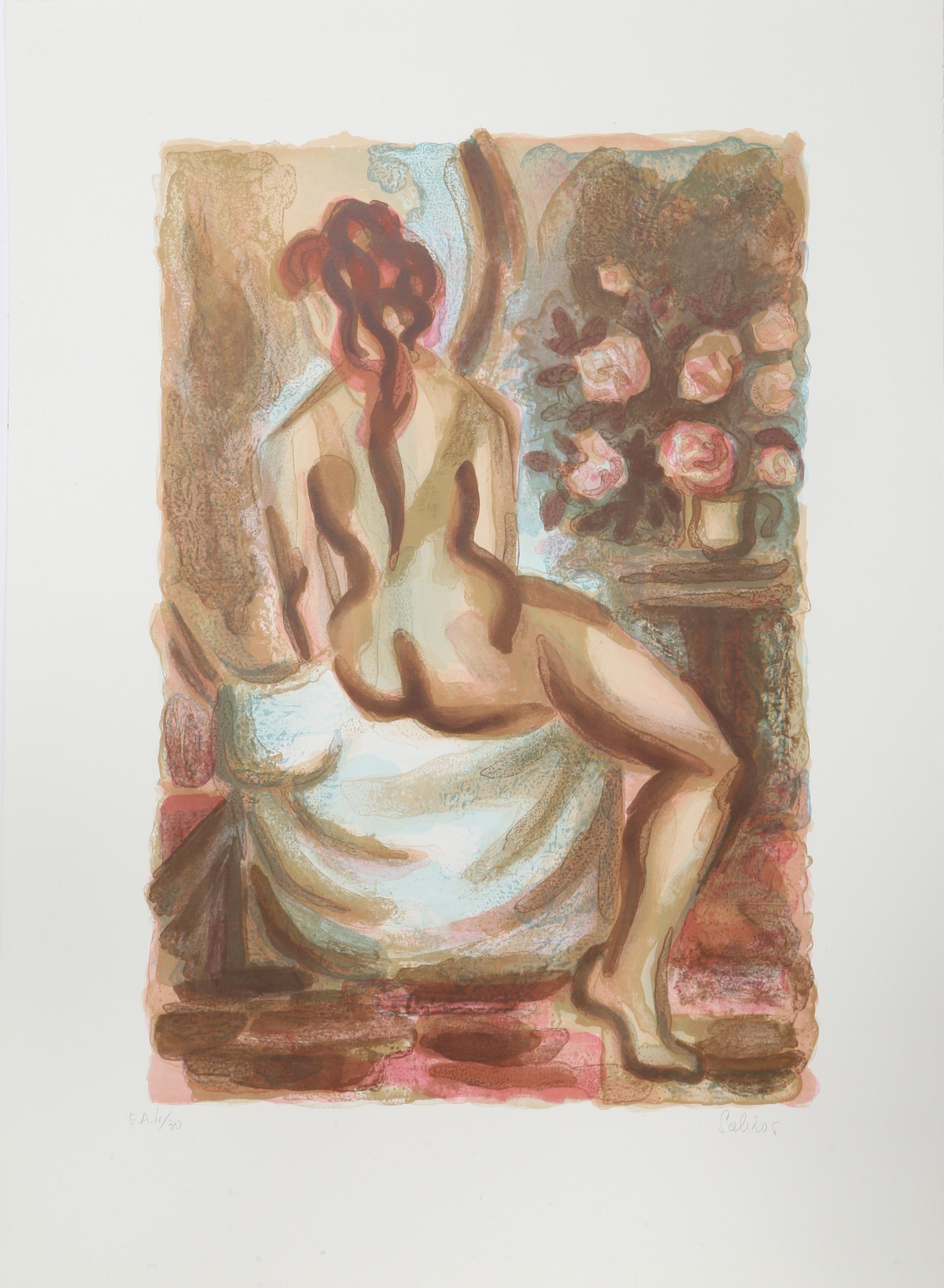 Laurent Marcel Salinas, Égyptien/Français (1913 - 2010) -  Nu avec Fleurs. Année : circa 1985, Médium : Lithographie sur papier Arches, signée et numérotée au crayon, Edition : EA 4/30, Taille de l'image : 19 x 13 pouces, Taille : 25 x 19 pouces